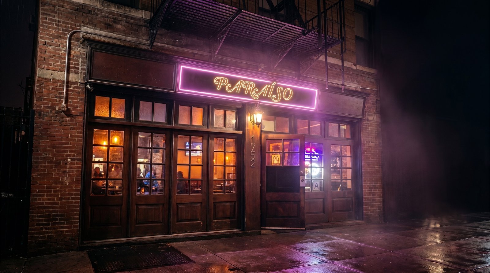 Paraíso Bar storefront at night, Bath Avenue, Brooklyn